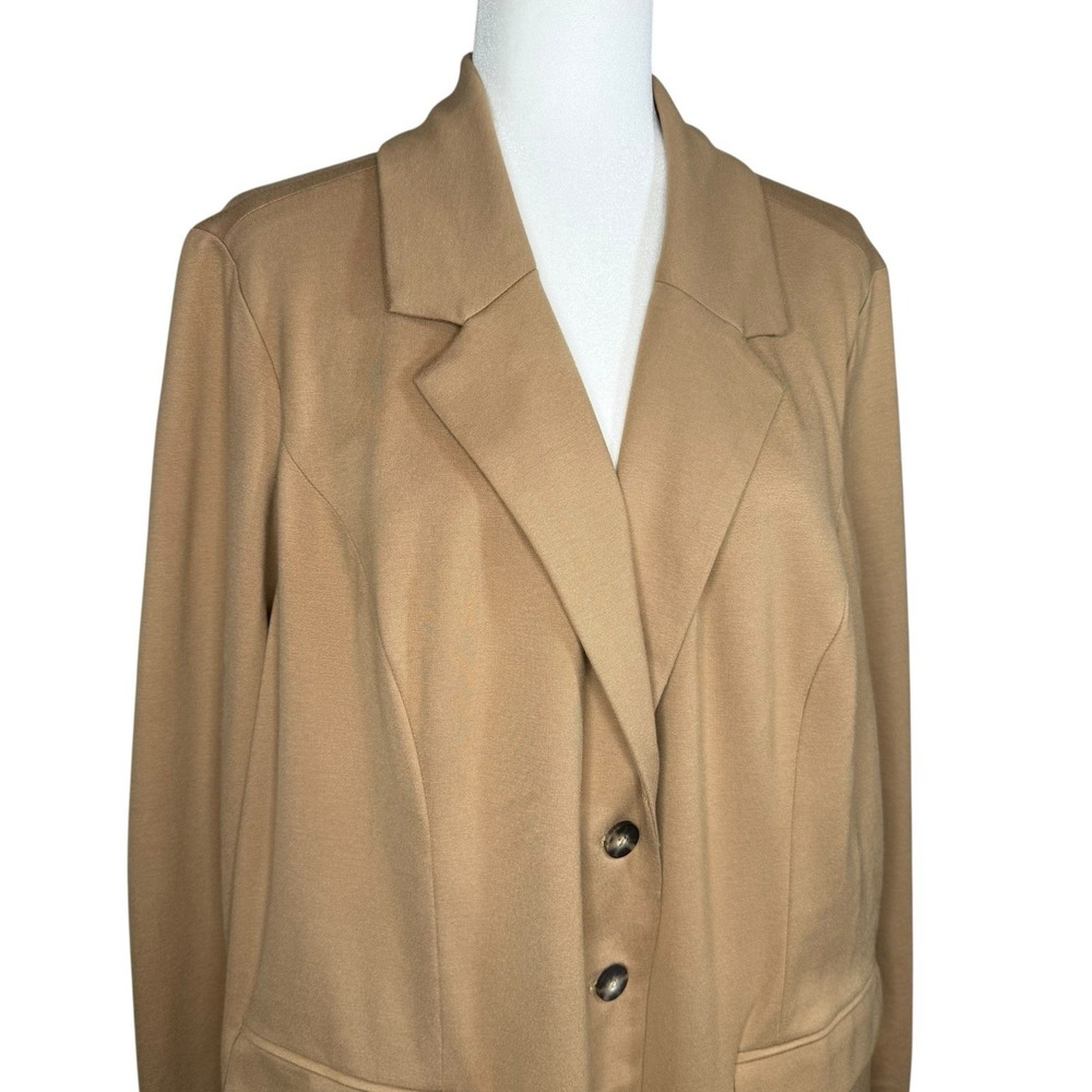 J. Jill‎ Ponte Stretch Knit Blazer Jacket Camel Tan Longline 3 Button L/XL Cozy - Picture 3 of 12